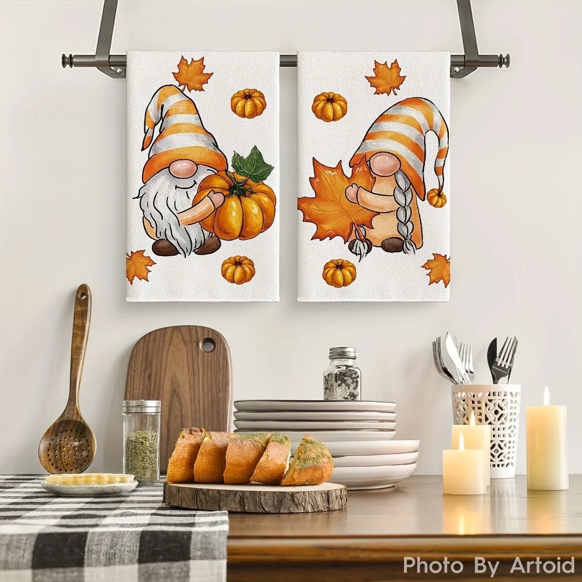 6Pcs Fall Gnome Pumpkin Kitchen Towels Hello Autumn Maple Leaf Hand Dish Towel Thanksgiving Farmhouse Home Decor Gift