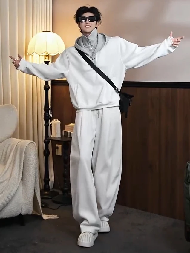 

Spring New Men's Loose Drapey Wide Leg Pants Hoodie Set Two Piece Patchwork Casual Sportswear Youth Long Sve Long Pants