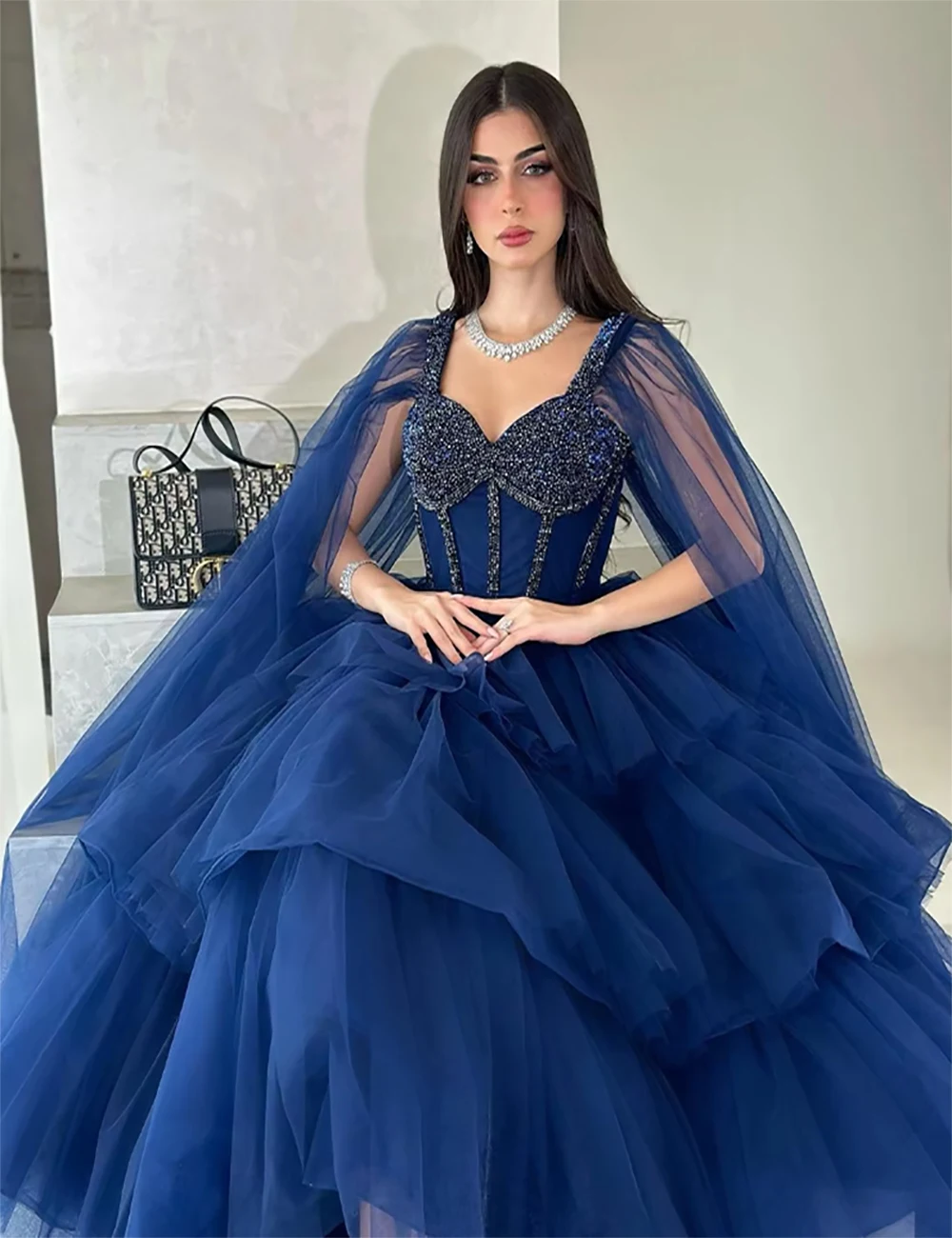 Elegant  Royal Blue  Prom Dresses Tulle Tiered Evening Dress A-Line Special Occasion Gown With Shawl Vestidos De Novia