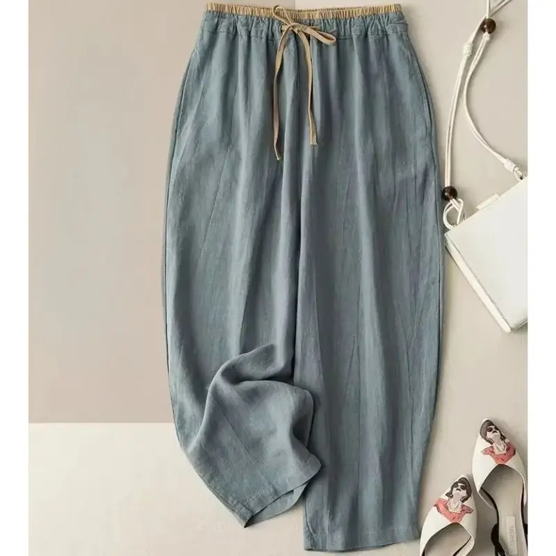 Retro Commuting Pants, Korean Version, Minimalist Style, Cotton Linen Wide Leg Casual Pants, Women's Loose Hanging Straight Leg