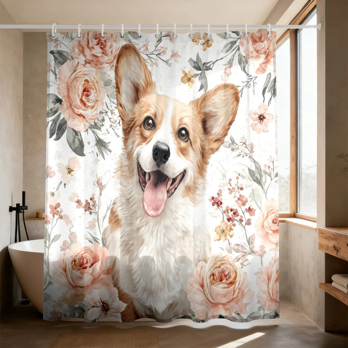Watercolor Style Happy Pembroke Welsh Corgi Surrounded By Soft Pink Roses And Delicate Blooms Bath curtain, Cozy Soft Warm