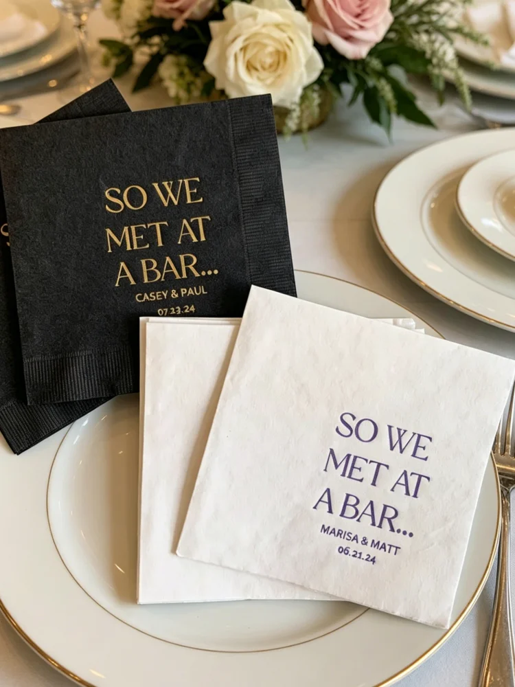 Personalized Where We Met Cocktail Paper Napkins Custom Wedding Engagement Bridal Shower Disposable Table Favors