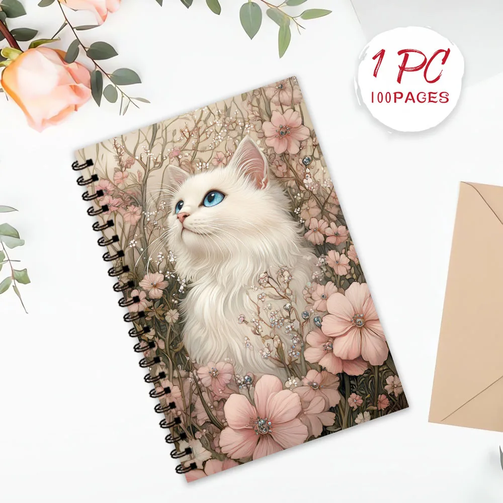White Cat Florals Notebook 1pc, Blank Lined Pages, Ideal Gift for Note-Taking, Inspiring for Everyone, Perfect for Students