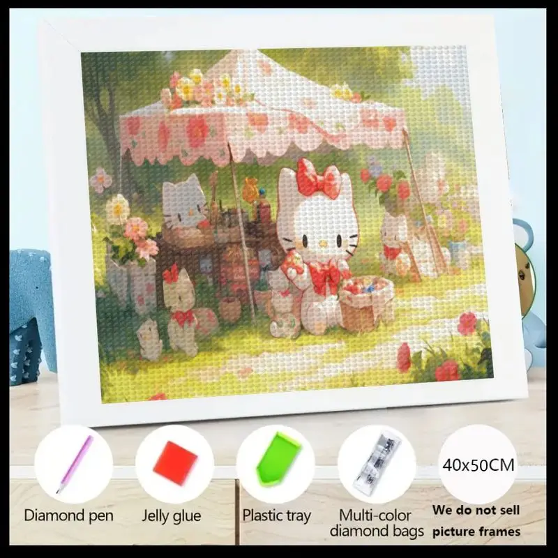 

1 шт. милый набор для алмазной живописи Hello Kitty 5D, DIY Sanrio Cartoon Square Drill Diamond Art, очаровательная сцена цветочного рынка для пикника w