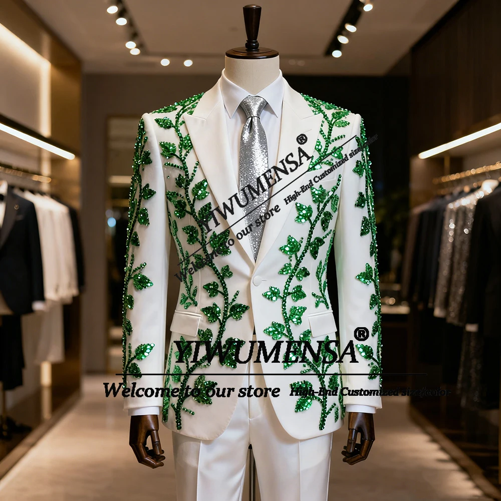 

Блестящий зеленый костюм с кристаллами из бисера, мужской комплект из 2 предметов, однобортный пиджак, брюки, индивидуальные смокинги для жениха, ужина, вечеринки, свадьбы