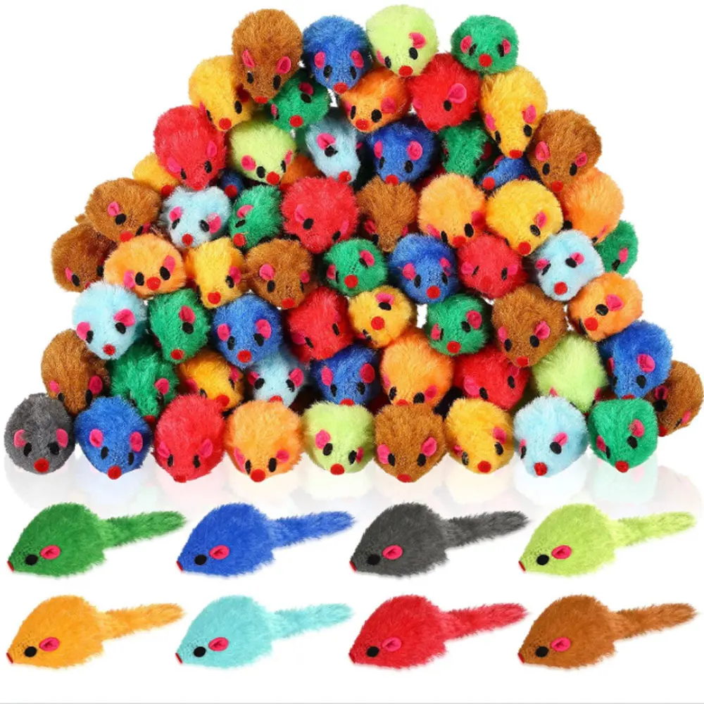Pet Cat Toys Rabbit Fur False Mouse Feather Rainbow Mouse Toy Funny Playing Toys For Kitten Interactive Play Assorted Color