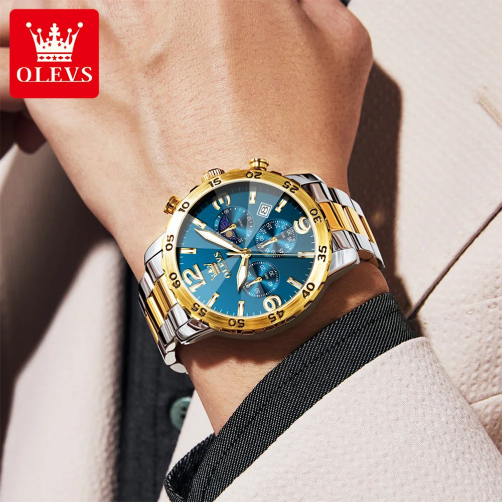 OLEVS 3678 ساعة رجالية فاخرة تاريخ تلقائي مقاوم للماء مضيئة كرونوغراف من الفولاذ المقاوم للصدأ مرحلة القمر ساعة كوارتز رياضية للرجال
