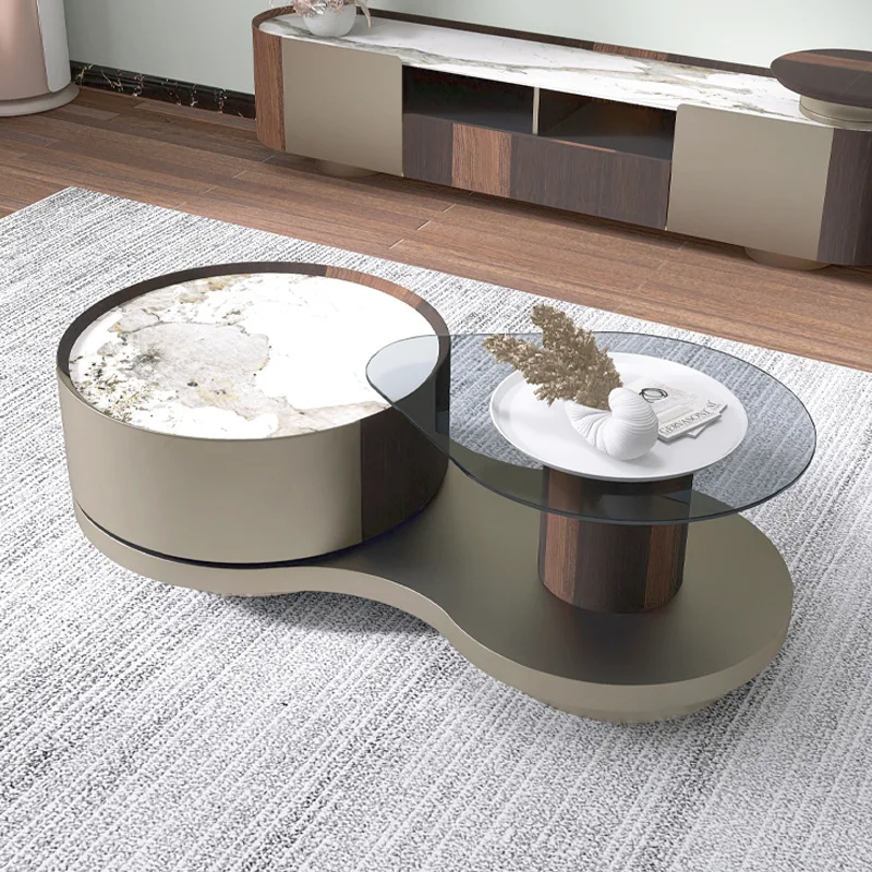 ！@Coffee Table Set Living Room Round Smart Marble Sintered Stone Side Table Coffee Italian Designer Stainless Steel Coffee