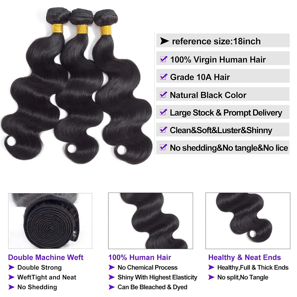 Body Wave Bundles 100% Human Hair Natural Black Color #1B Brazilian Unprocessed Human Hair Bundles Extension For Woman Remy Hair