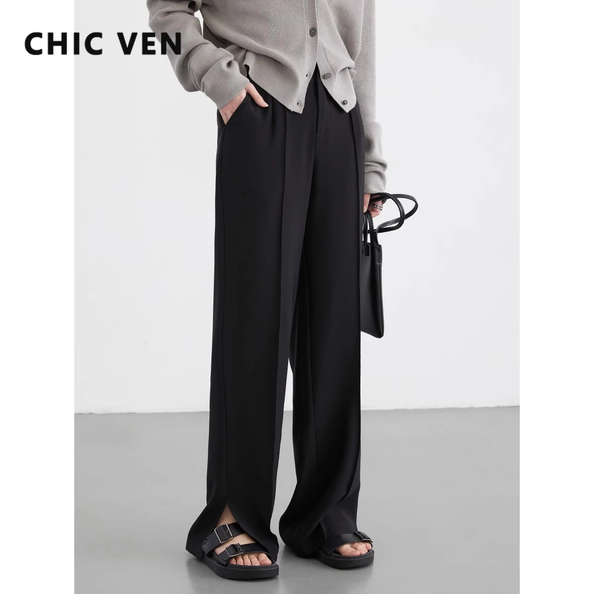 

CHIC VEN Women Pants Black Loose High Waist Split Female Trousers Straight Leg Drop Woman Wide Leg Pants Spring Summer 2024