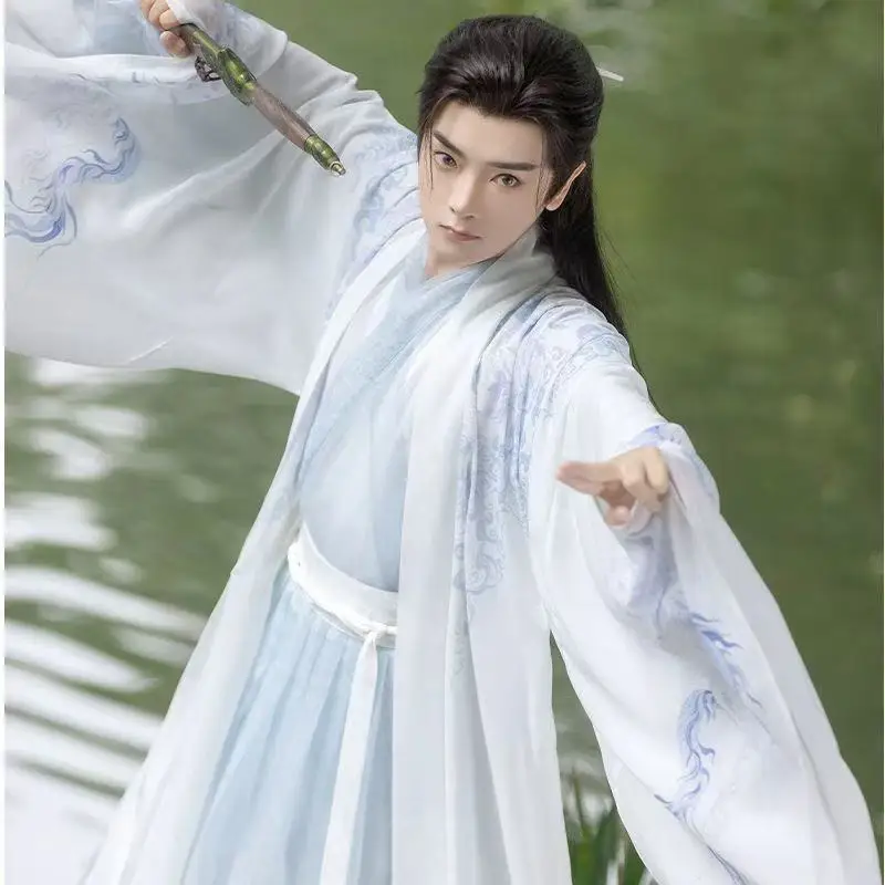 

Оригинальный белый Hanfu для мужчин и женщин, традиционный костюм Weijin с перекрестным воротником и принтом для мальчиков, костюм феи на Хэллоуин, боевой костюм для косплея