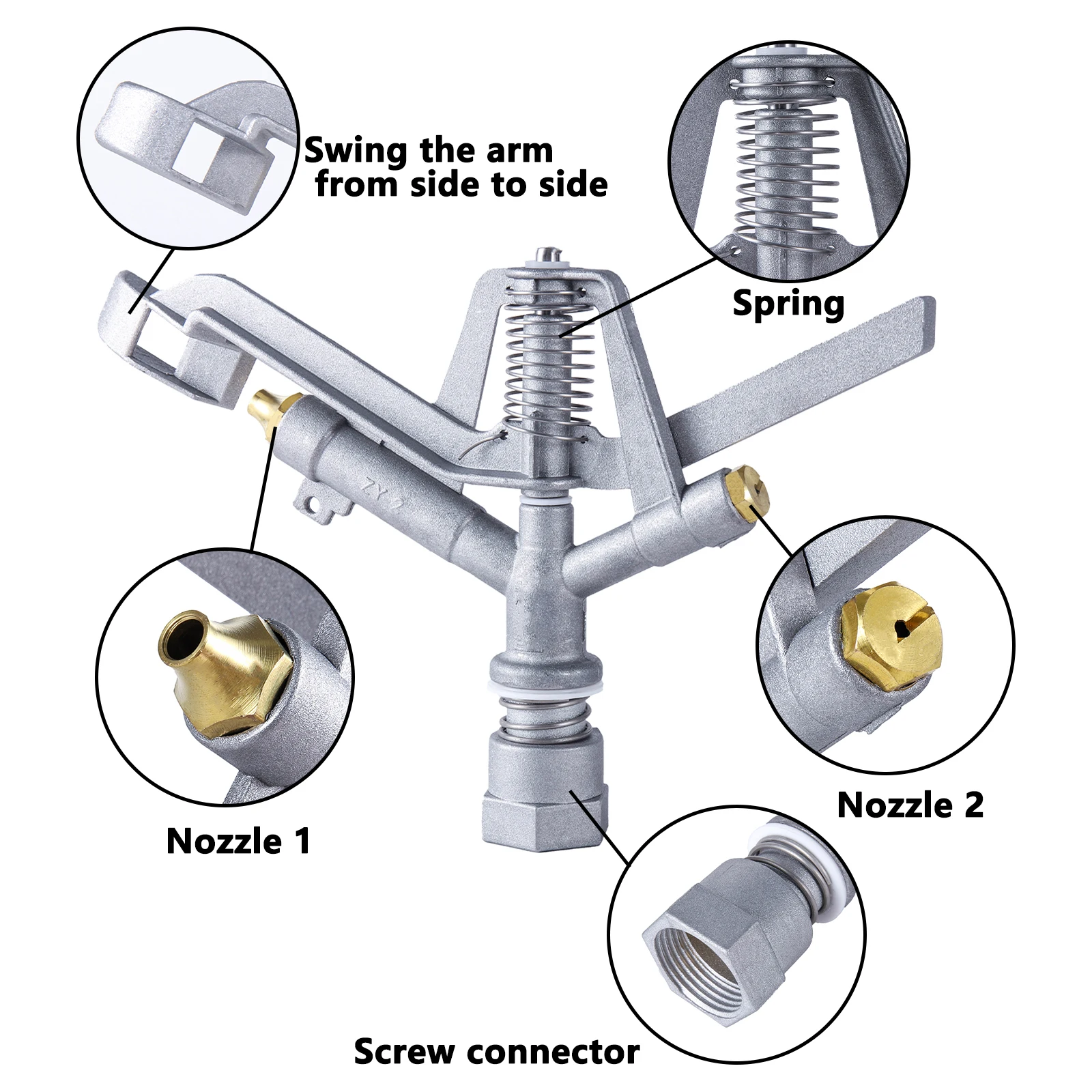 1" Female Thread Rotating Rocker Impact Sprinkler Double Outlet  Agriculture Farmland Lawn Automatic Irrigation Sprinkler Gun