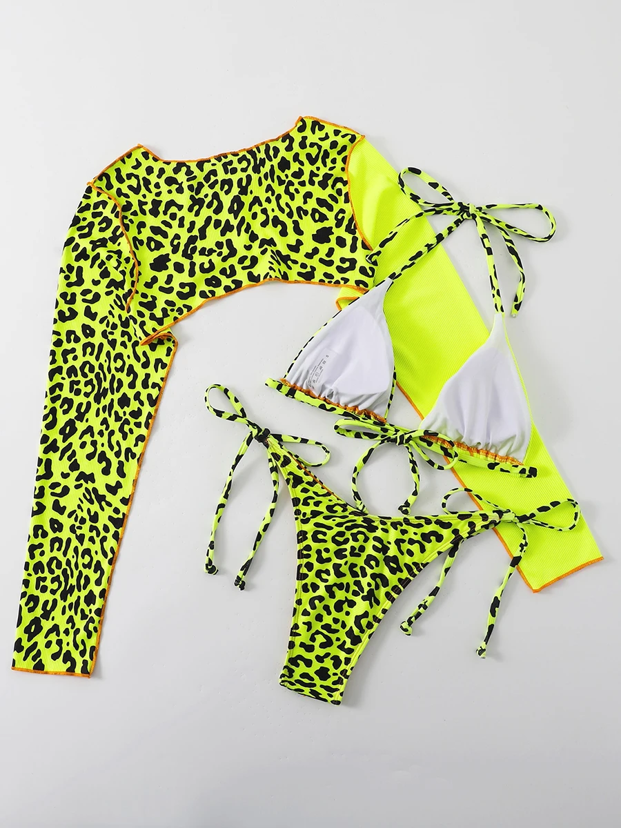 Biquíni leopardo halter triângulo feminino maiô manga longa, roupa de banho sexy, roupa de banho feminina, moda praia de natação 2021