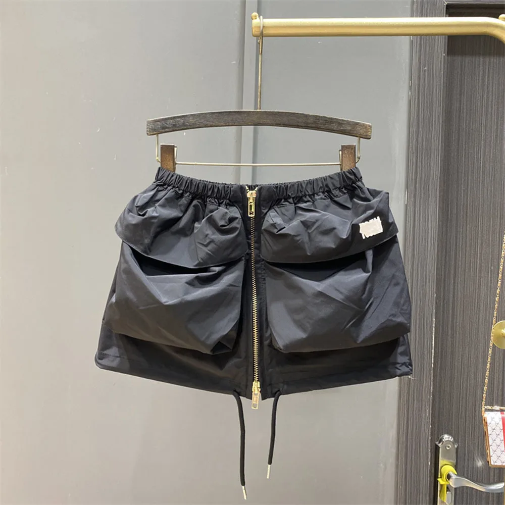 2023 Fashion Large Pocket Cargo Skirt For Women Summer Thin Casual Elastic Waist Drawstring Zipper A-line Short Skirt Streetwear