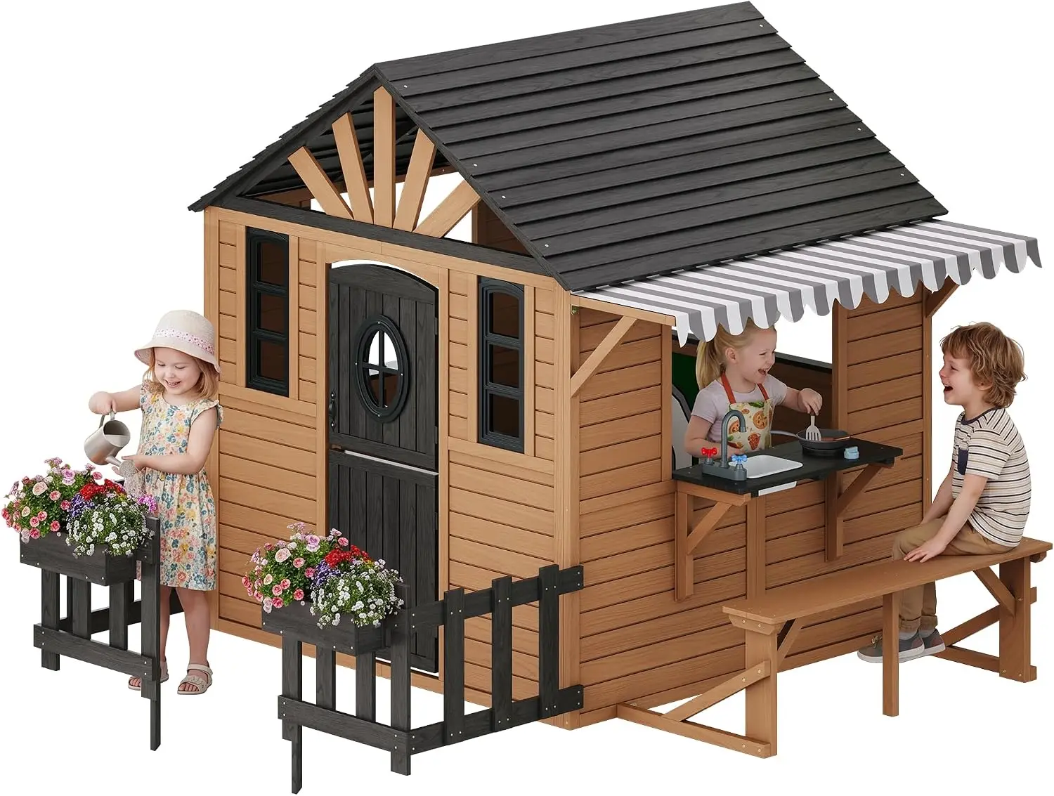 Albott Outdoor Wooden Playhouse for Kids Ages 3–8 Backyard Cottage | Pretend Playhouse with Kitchen Playset, Fence, Dutch Door,