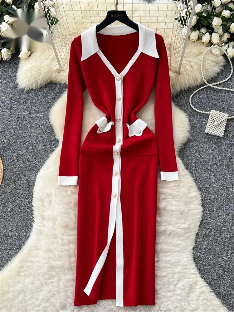 

Вязаное облегающее платье в стиле колор-блок с V-образным вырезом, на одной пуговице, с эластичной талией, обтягивающее, модное, французское, женское, сексуальное, с разрезом, длинное