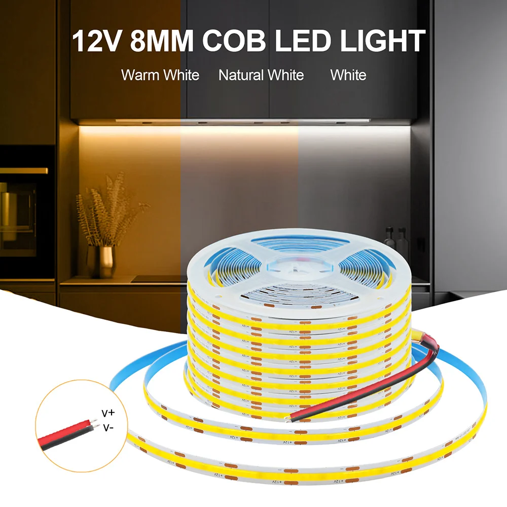 DC 5V 12V 24V COB LED Strip Light High Density Linear Lighting 320 LEDs Flexible Tape Lamp 8mm PCB 0.5m 1m 2m 5m Home Decoration