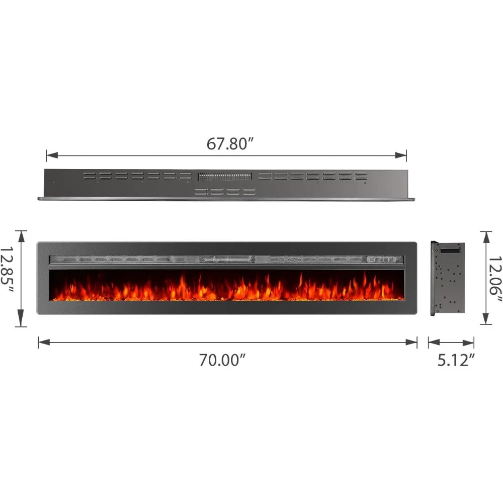 70 Inches Wall Recessed Electric Fireplace 9 Changeable Color Realistic Crystal Stone Flame Heater, with Remote, 1500W