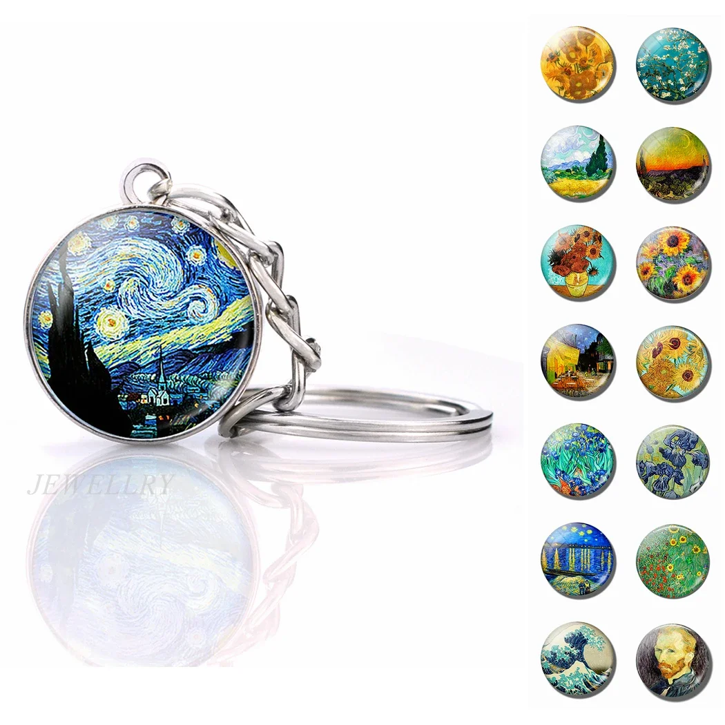 Porte-clés boule de cristal Van Gogh, pendentif ciel étoilé et tournesol, boule de verre double face, bijoux cabochon, cadeaux, livraison directe