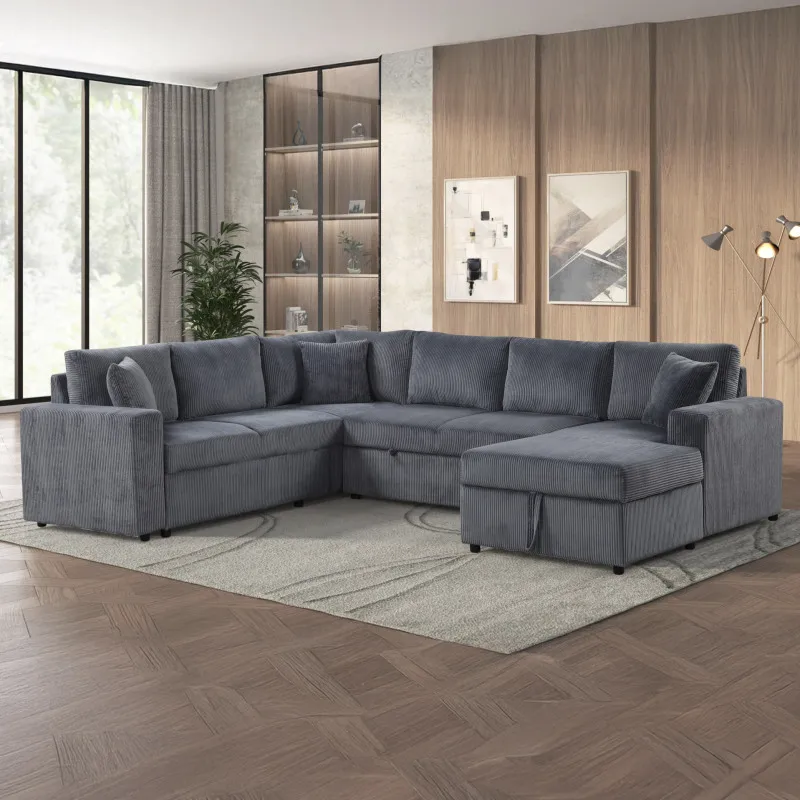 

Серой вельветовый секционный диван Ruxley 123W с правильным шезлонгом для хранения и декоративными подушками
