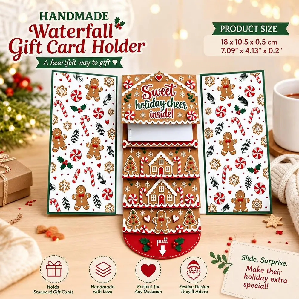 Handmade Waterfall Christmas Gift Card Holder Xmas Gingerbread Pull Out Cash Booklet DIY Voucher Greeting Envelope Party Kids
