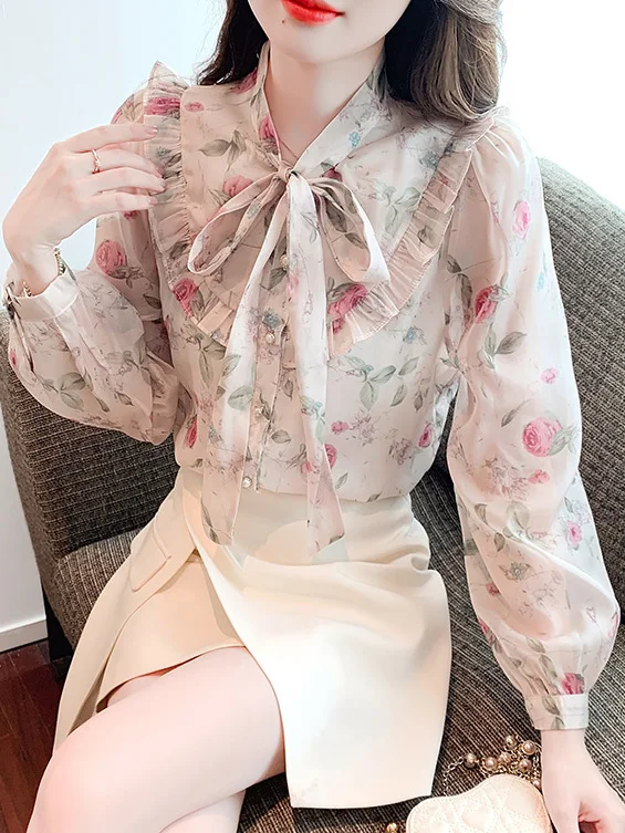 Sweet Floral Bubble Sleeve Shirt with Female Design Sense Niche New Style French Chic and Beautiful Small Shirt