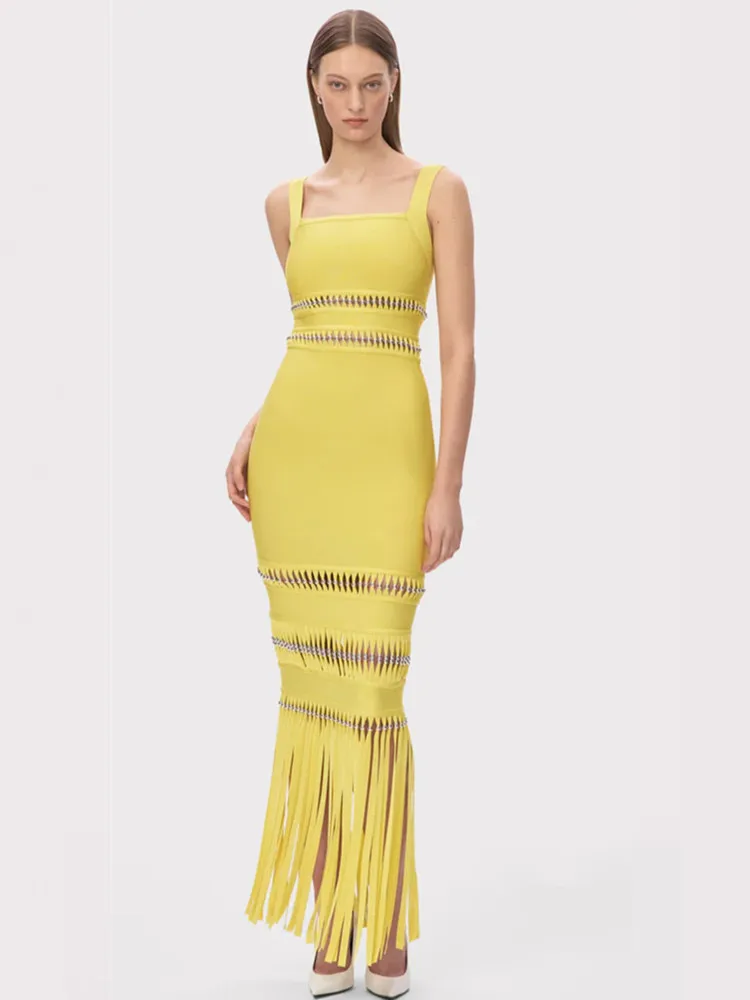 فستان نسائي مثير بياقة مربعة أصفر وأسود طويل ماكسي بأشرطة ضيقة 2025 فستان أنيق للحفلات المسائية والنوادي #3