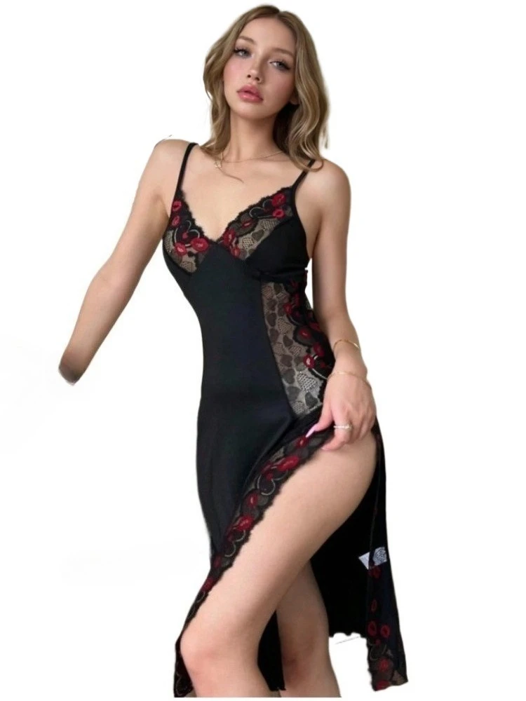 

Сексуальный комплект нижнего белья с вышивкой и кружевом, длинная юбка с вырезами, ночная сорочка, женская пижама, платье для сна