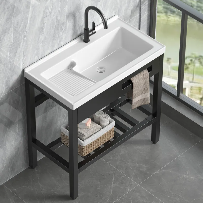 Balcony laundry basin with washboard non-punching stainless steel bracket integrated basin household floor-to-ceiling ceramic