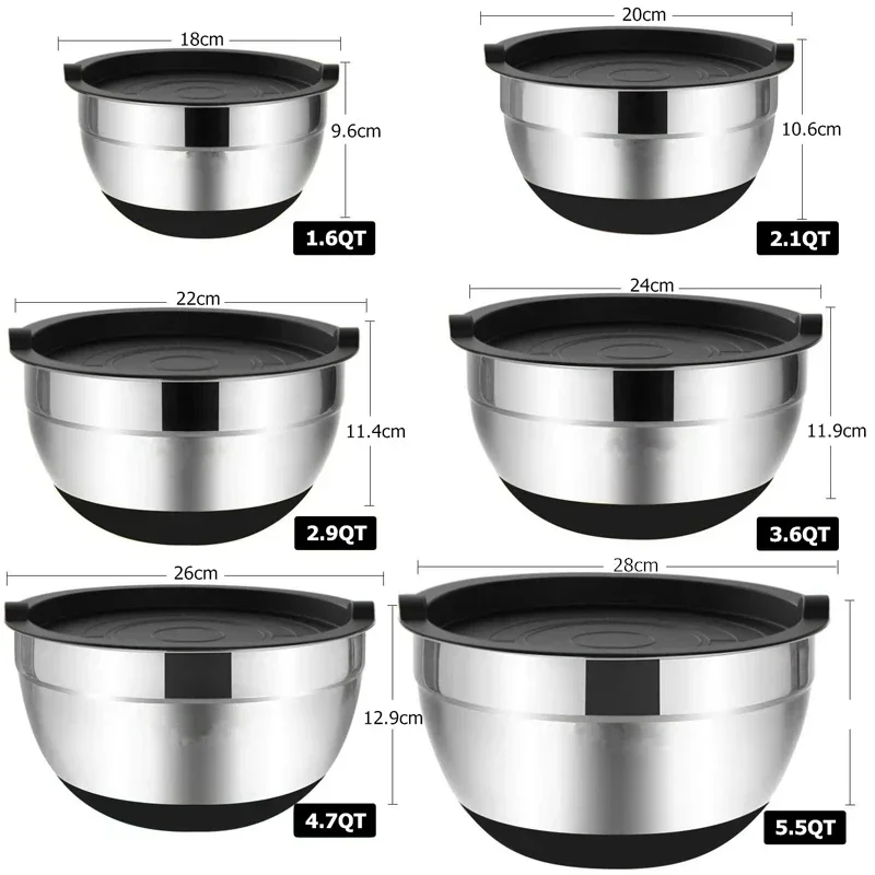 LMETJMA 6 Pcs Mixing Bowls with Lids and Non Slip Bases Stainless Steel Mixing Bowls Set for Baking Nesting Storage Bowls KC0418