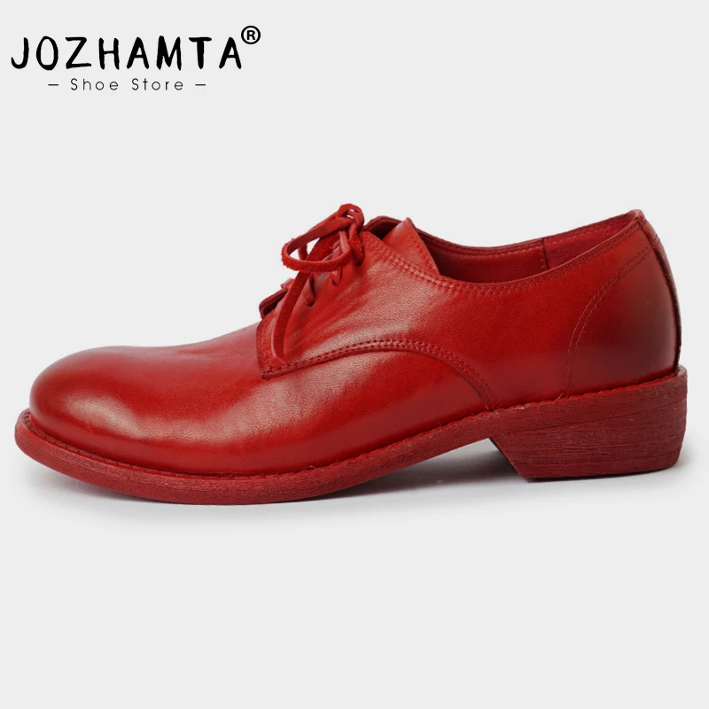 JOZHAMTA Women Loafers Shoes Genuine Leather Casual Flats Lace-Up Thick Heels Shoes Vinatge Office Lady Daily Dress Size 34-40