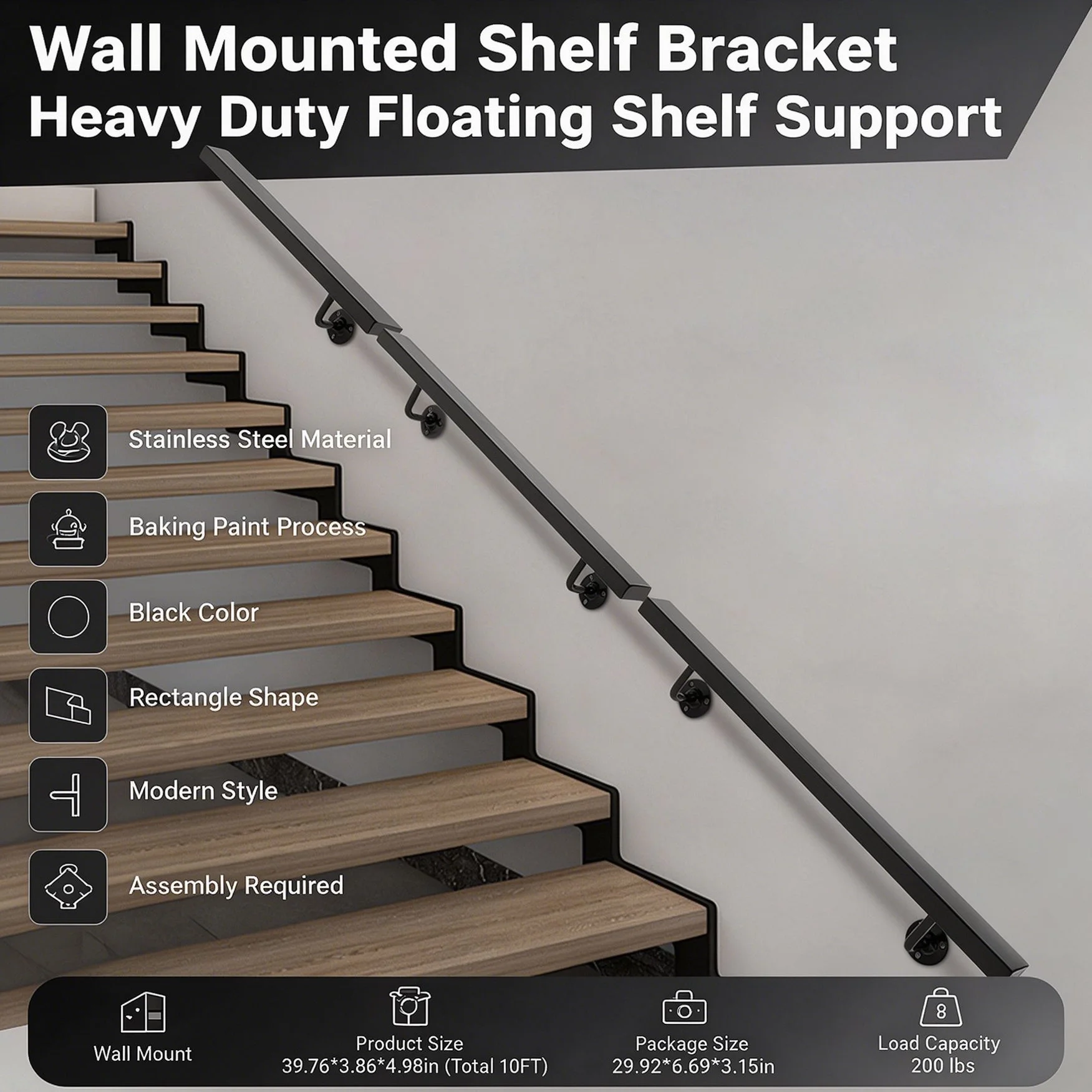 10FT Stainless Steel Stair Handrail, Wall Mounted Stair Handrail, Stainless Steel Stair Handrail,Load-bearing Capacity 200lbs