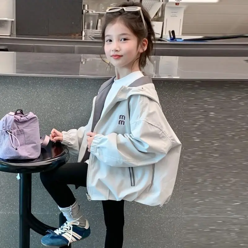 Girls Reversible Hooded Letter Print Casual Jacket Spring Autumn Windbreaker Coat for Big Kids Toddler Outdoor School Daily Wear