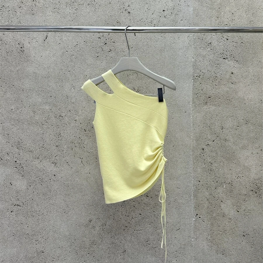 เซ็กซี่ถักเสื้อกั๊กแขนกุดผู้หญิงไม่สม่ําเสมอปิดไหล่ Slim Casual Tank Tops