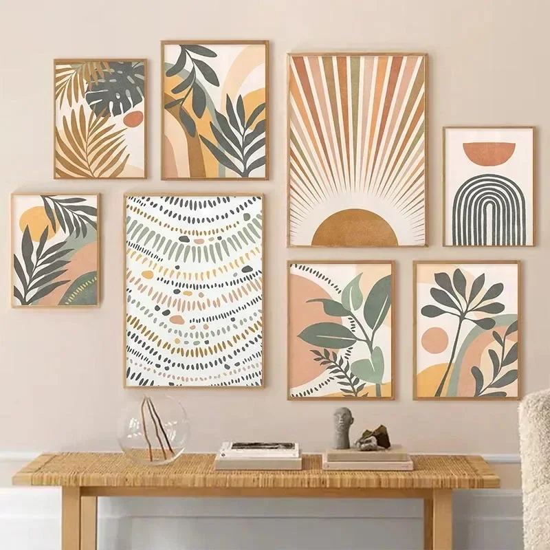 بوهو مجردة ورقة Monstera قوس قزح الشمس جدار الفن الملصقات الحد الأدنى طباعة قماش اللوحة لغرفة المعيشة ديكور المنزل الحديث