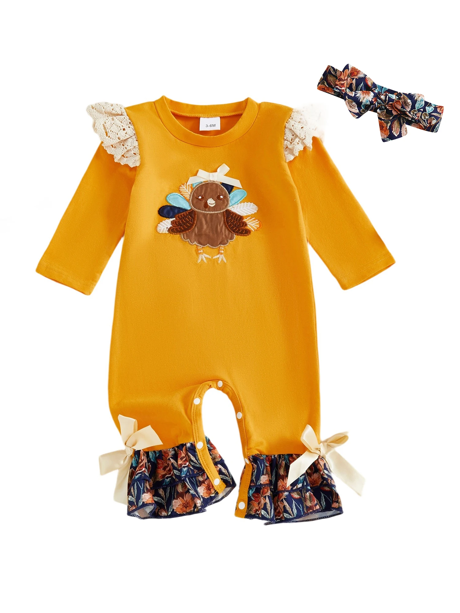 เด็กวัยหัดเดินชุดฤดูใบไม้ร่วงชุดรอมเปอร์พิมพ์ลายดอกไม้น่ารักพร้อมที่คาดผมโบว์ฤดูใบไม้ร่วงชุดวันขอบคุณพระเจ้าสำหรับเด็กผู้หญิง