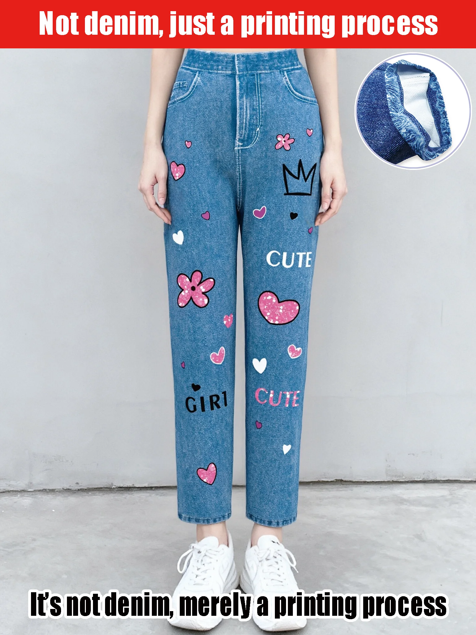 2025 Girls' High-waisted Imitation Jeans, Cute Heart-shaped Pattern Print Straight Nine-point Imitation Jeans