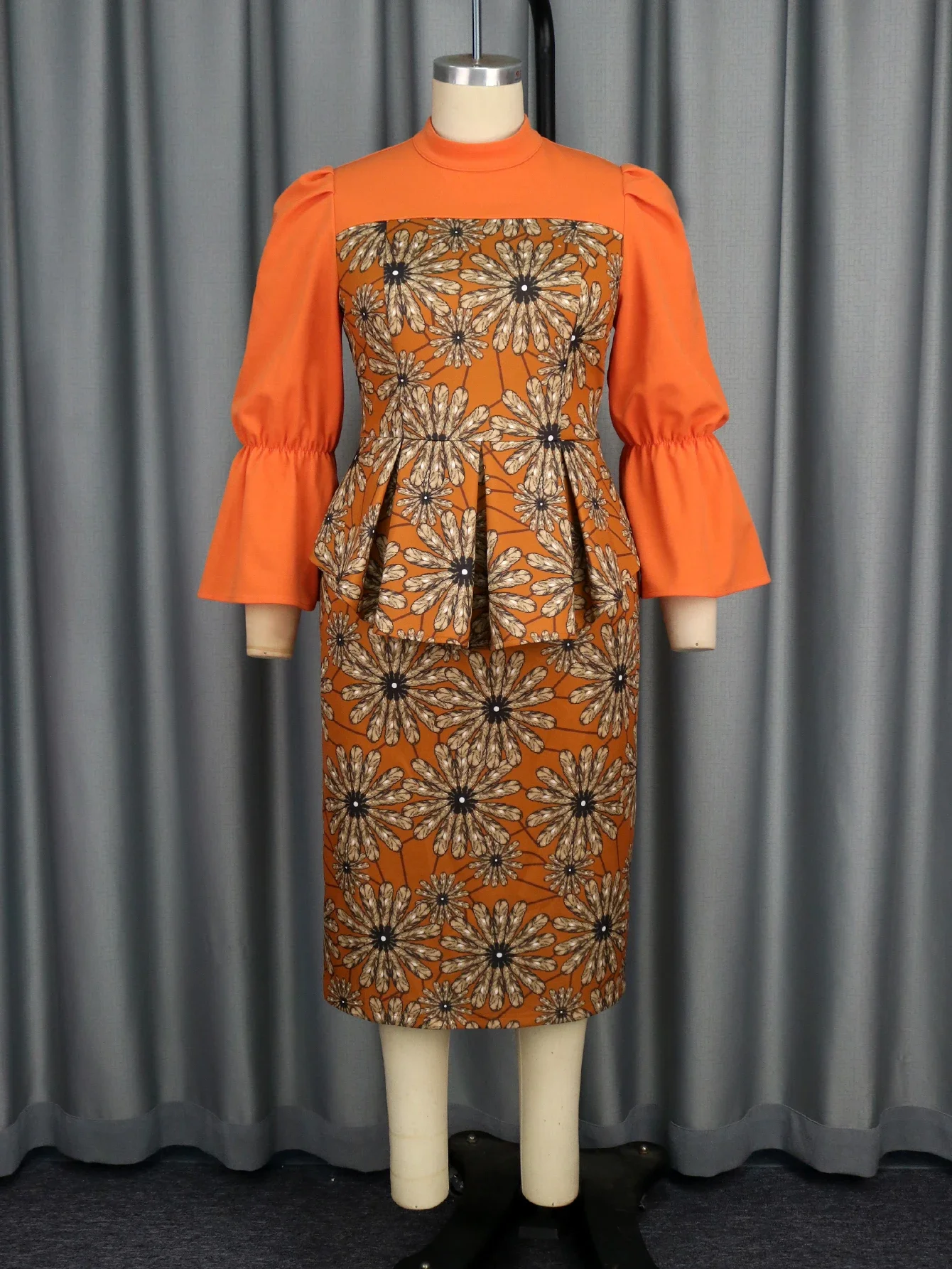 Women Orange Petal Printed Pencil Bodycon Midi Dress Round Neck Long Bell Sleeve Splice High Waist Church Event Gown Plus Size