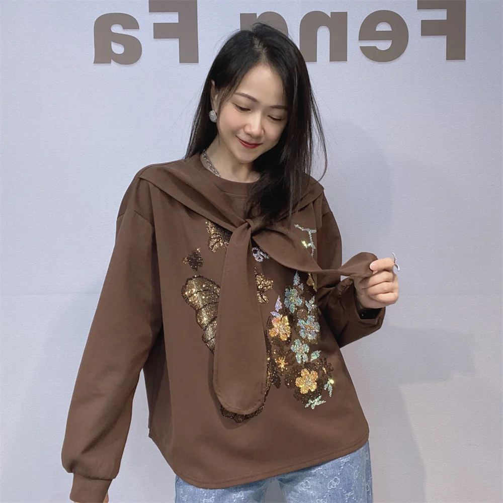 Trendy New Autumn Fashion Long Sleeve Sweatshirt Faux Two-piece Shawl Scarf Loose O-neck Pullover Top Diamonds Butterfly Hoodies