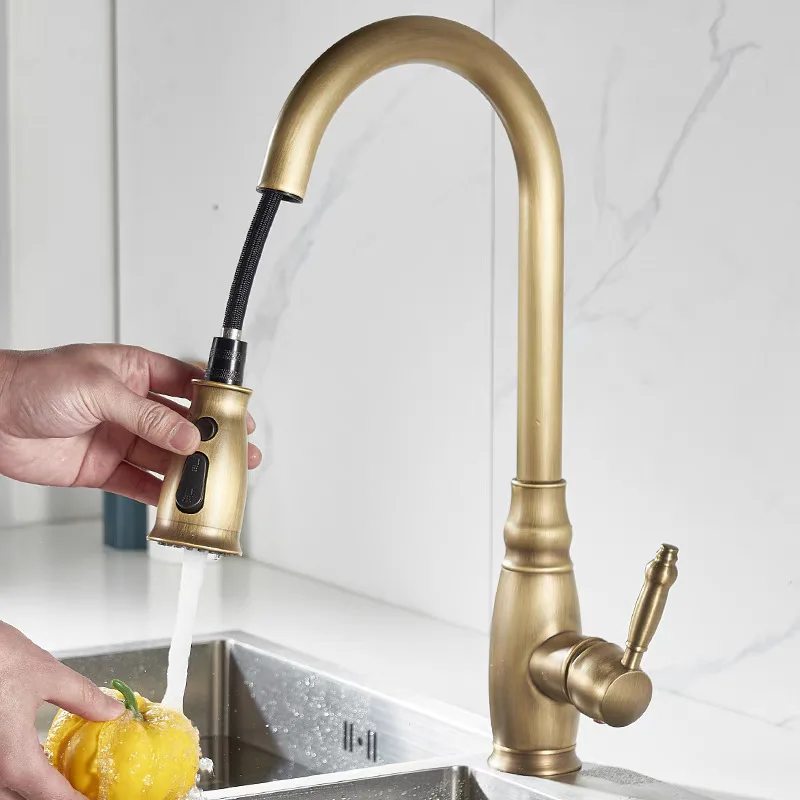Antique Style Pull-out Hot and Cold Kitchen Faucet Expandable and Rotatable Multifunctional Retro Brass Sink Mixer Faucet