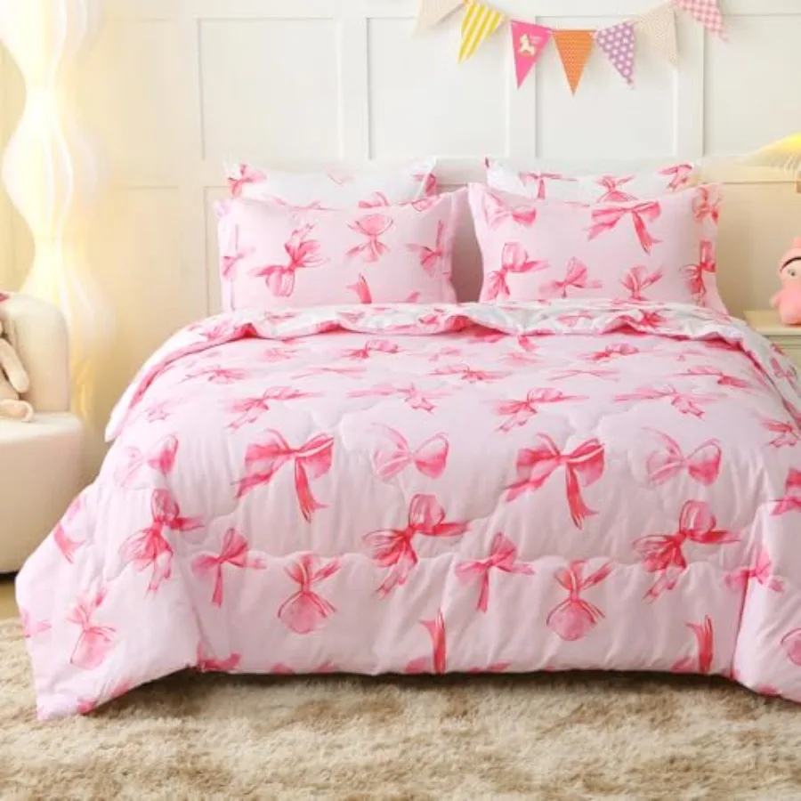 

7 Pcs Pink Bedding Set for Girls Size knot Comforter Set Super Soft Cute Bed in a Bag Microfiber Lightweight Bed Set for Teens