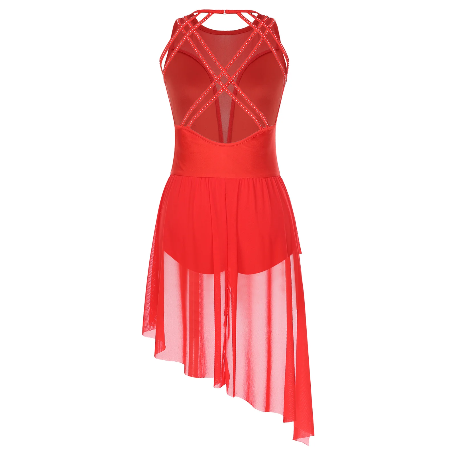 Womens Ballet Lyrical Dance Dress Sleeveless Irregular Skirted Gymnastics Leotard Figure Skaitng Dance Performance Costume