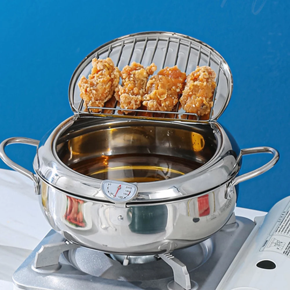 304 Stainless Steel Tempura Fryer Pot With Thermometer & Lid Oil Saving Deep Frying Pan 20/24/28cm Uncoated Gas Induction