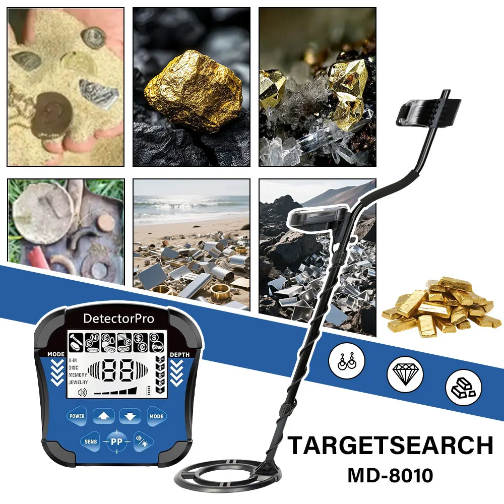 MD8010 Metal Detector Underground High Accuracy Gold Finder 10 Inch Waterproof Coil Adjustable Treasure Hunter Seeker Pinpointer