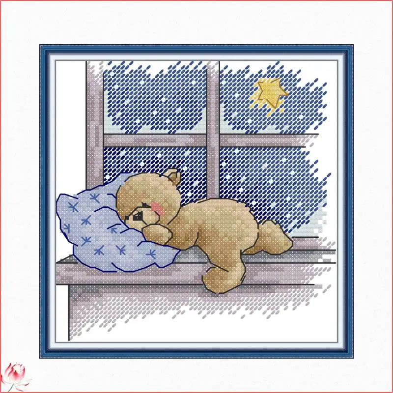 Bear Sleeping On Windowsill Counted Cross Stitch Kits DIY DMC Handmade 11CT 14CT Stamped Embroidery Needlework Home Decor Gifts