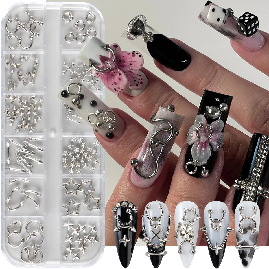 12 Grids Punk Silvery Golden Rivets Style Nail Charms Y2K Metal Golden Pierced Rivets Solid Nail Art Decoration Nail Accessories