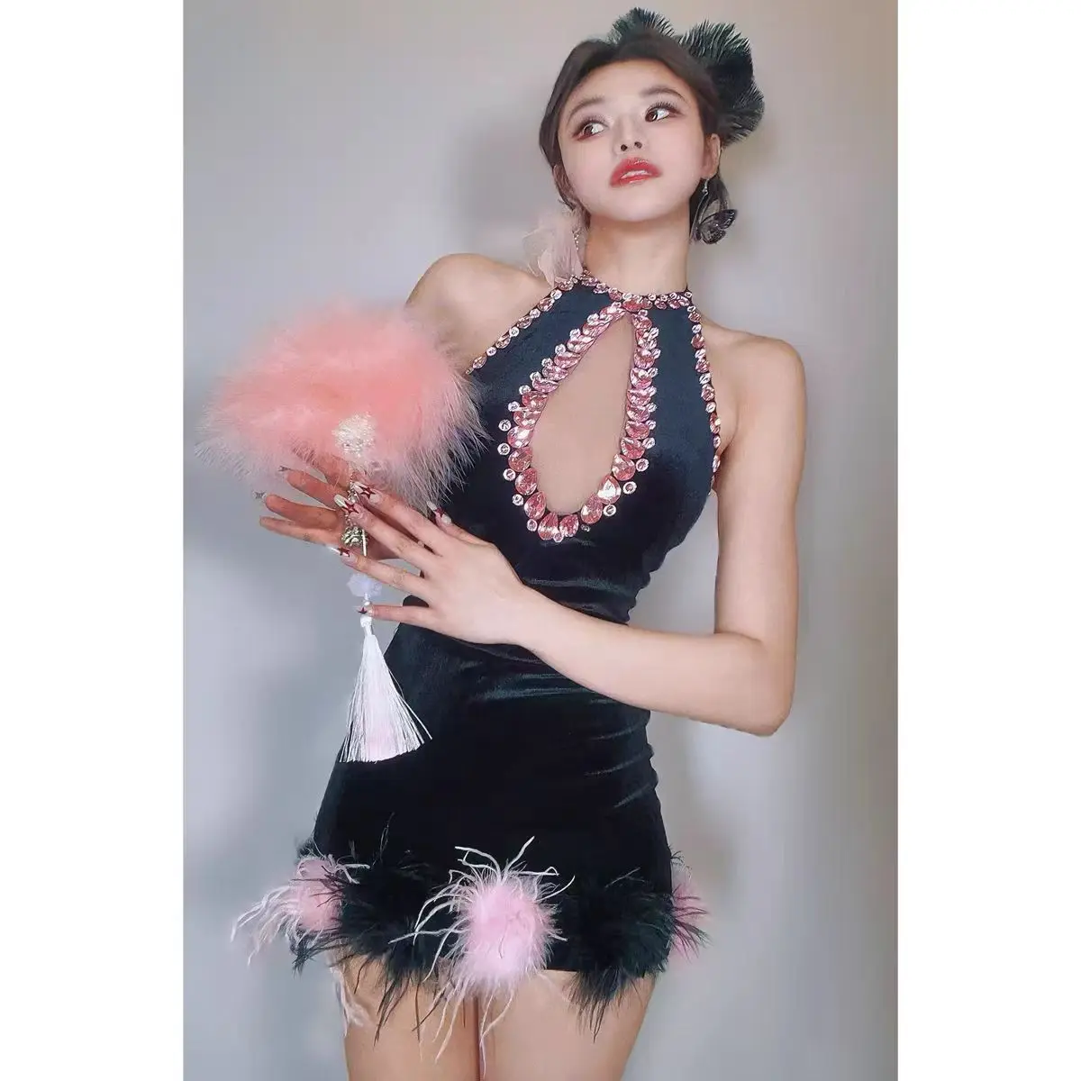 Bar DJ Nightclub Female Singer Stage Costume Sexy Fluffy Back Hanging Neck Short Skirt Dance Team Party Theme Show Clothing