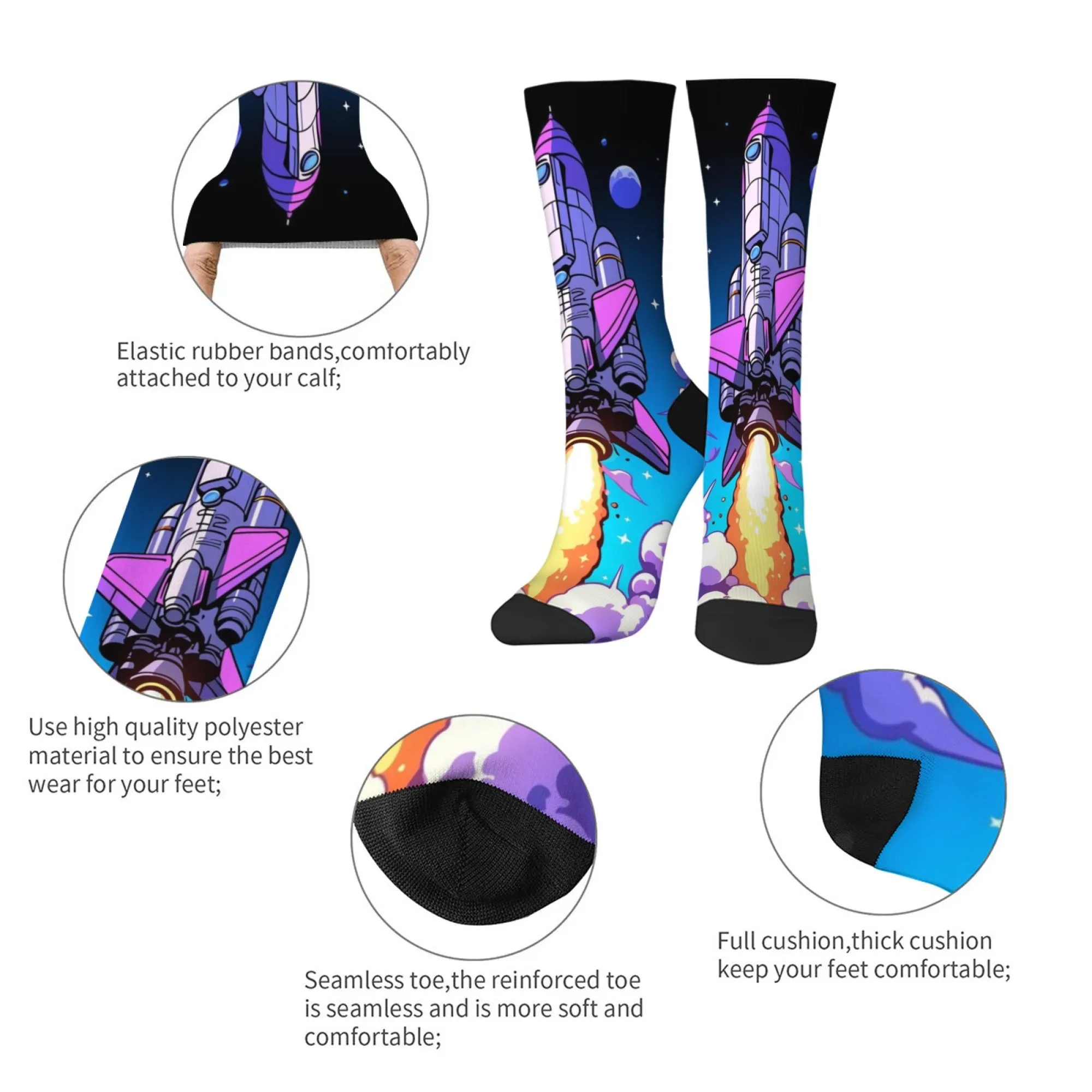 ノベルティ原宿漫画宇宙ロケットプリントカジュアルソックス快適な通気性のある滑り止めメンズソックスストリートファンレトロクルーソックス