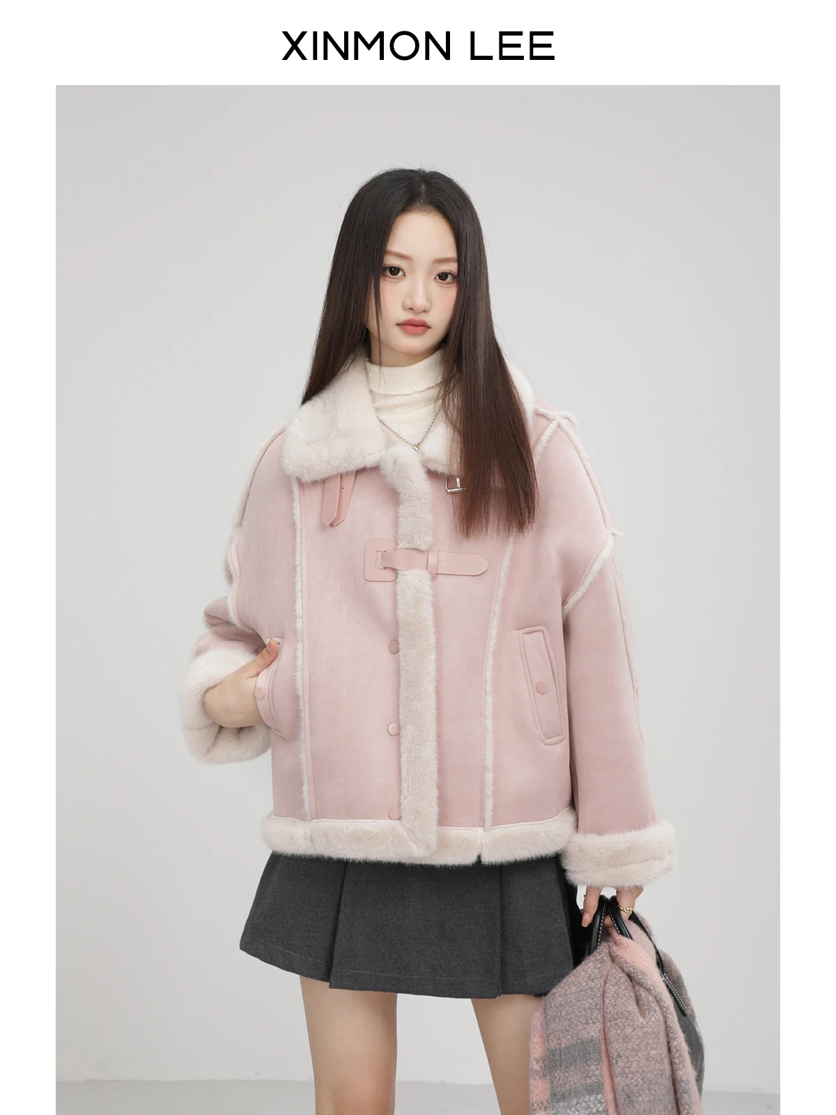 

Sweet Hot Girl Pink Stand Collar Lamb Wool Coat Women's Winter Thick Long-sleeved Double-sided Jacket Fashion Female Clothes