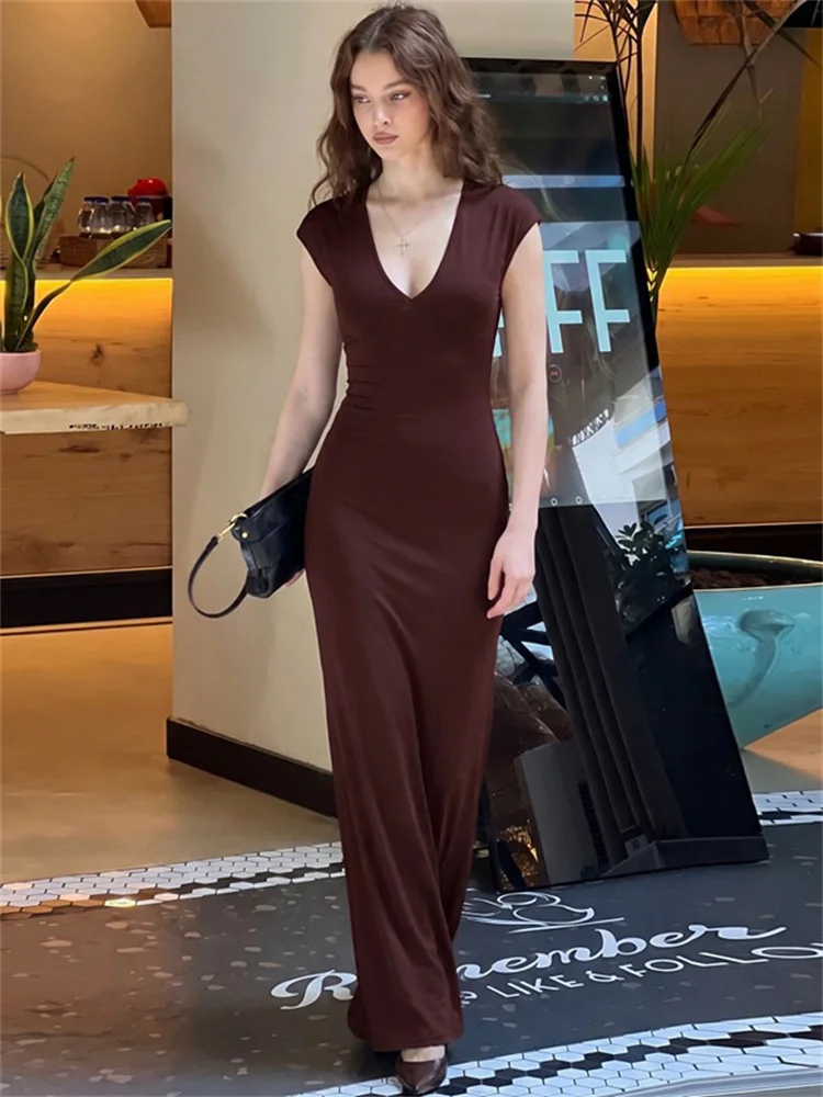 Tossy Sexy Brown V Neck Bodycon Long Dress Women Cap Sleeve Elegant Ruched Side Split Maxi Dresses Party Clubwear Streetwear New